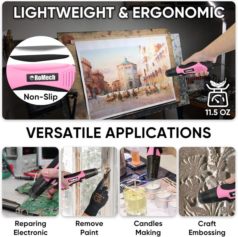 ROMECH 350W Heat Gun with 2 Nozzles, Dual Temp Heat Gun 400°F-660°F, Fast Heat Hot Air Gun with Overload Protection for DIY Craft Embossing Shrink Wrapping (Pink) - Image 5